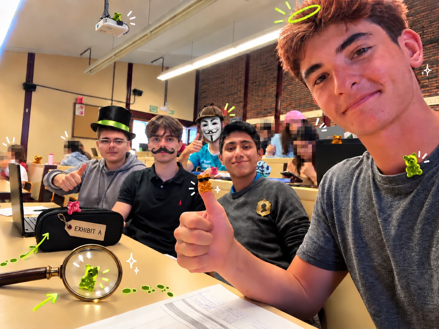 Our four-person team in a playful detective-themed group photo, with an Anonymous costume mask on the person in the back row and pixelated background classmates.